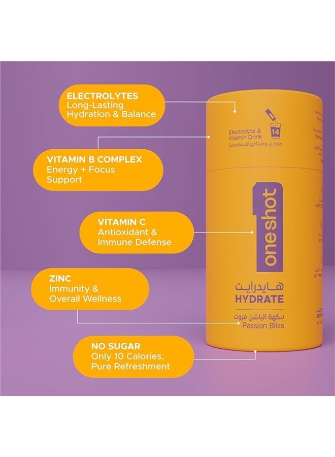 Oneshot Hydrate Passion Bliss Electrolyte Powder Drink Mix Sachets 14pcs